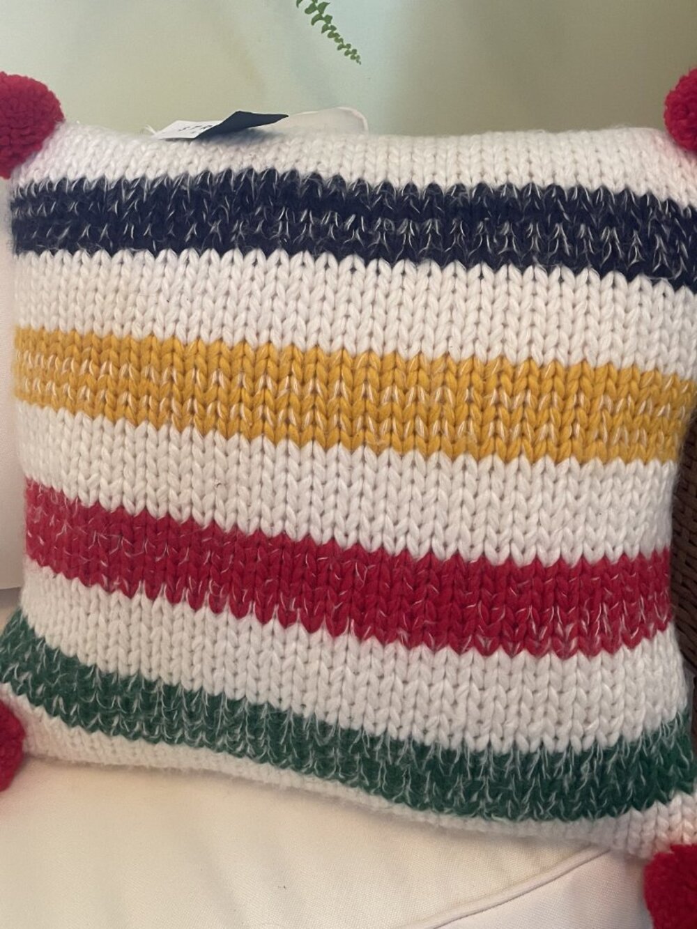 NWT HBC Stripes Chunky Knit Throw Pillow with Pom Poms | Hudson's Bay - Picture 6 of 6